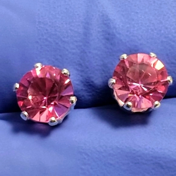 Sterling Silver Overlay 2 CTW Pink Stud Earrings - Swarovski Crystal Element - Picture 1 of 9